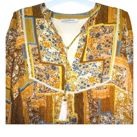 Olivaceous Boho Mixed Pattern Tassle - Tie Blouse NWOT SMALL - Picture 2 of 5